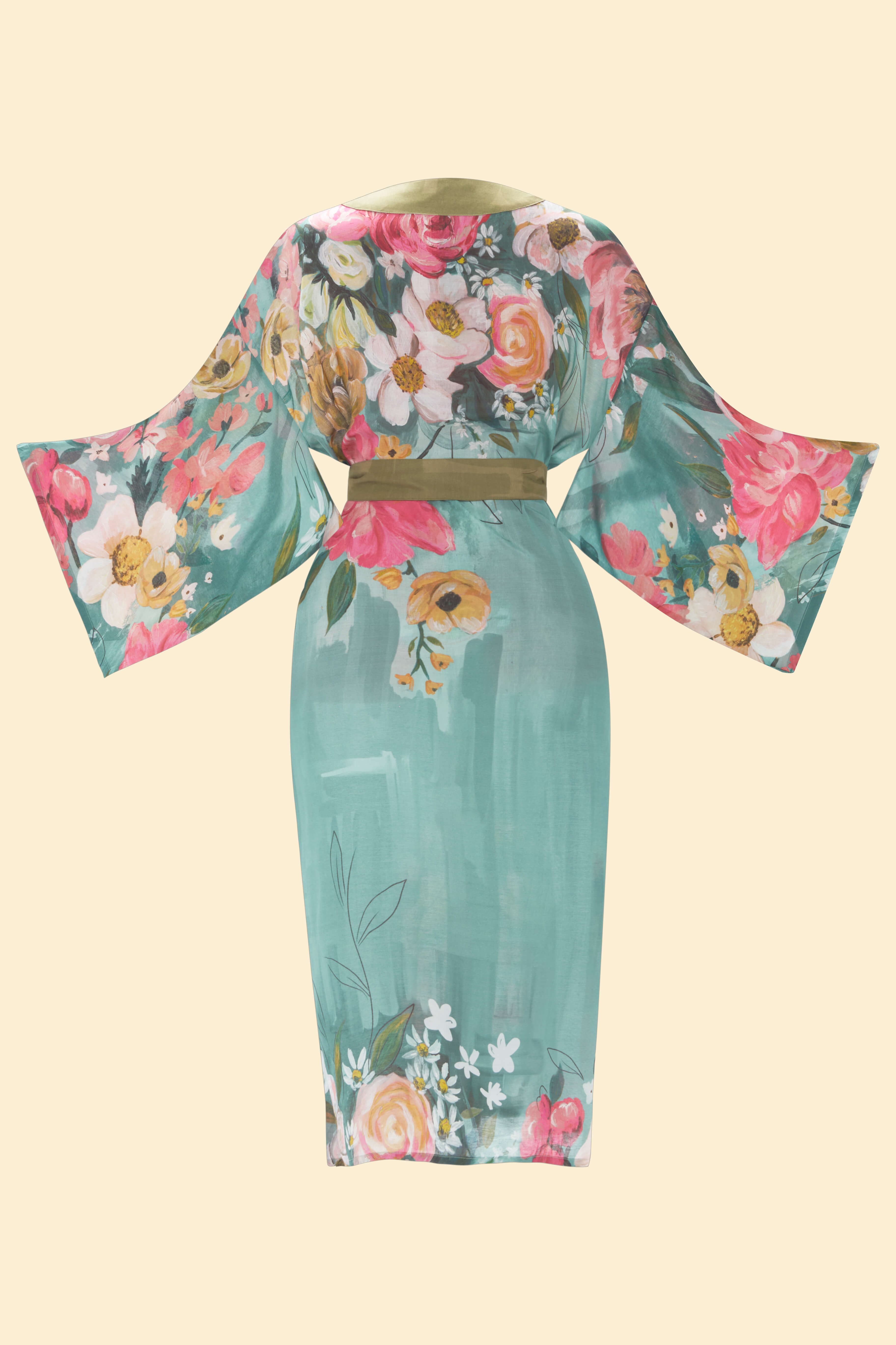 Impressionist Floral Kimono Gown - Teal