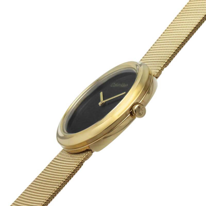 Twisted Bezel Black Dial & Gold Tone Mesh Bracelet Ladies Watch