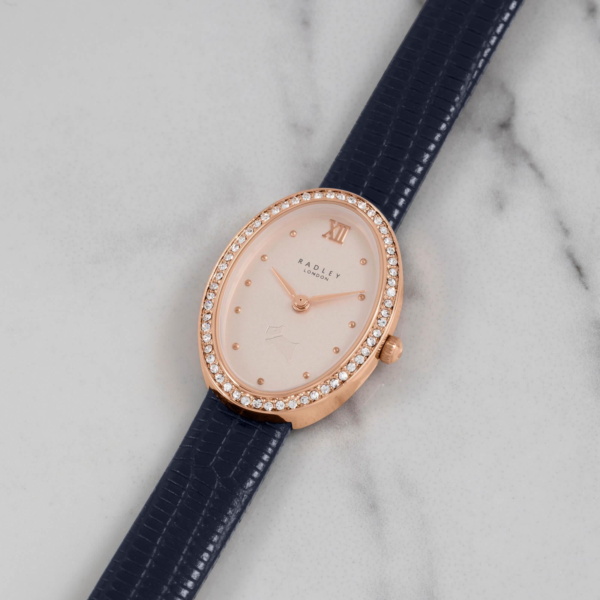 Ladies Rose Gold Plated Oval Case Ink Strap Watch