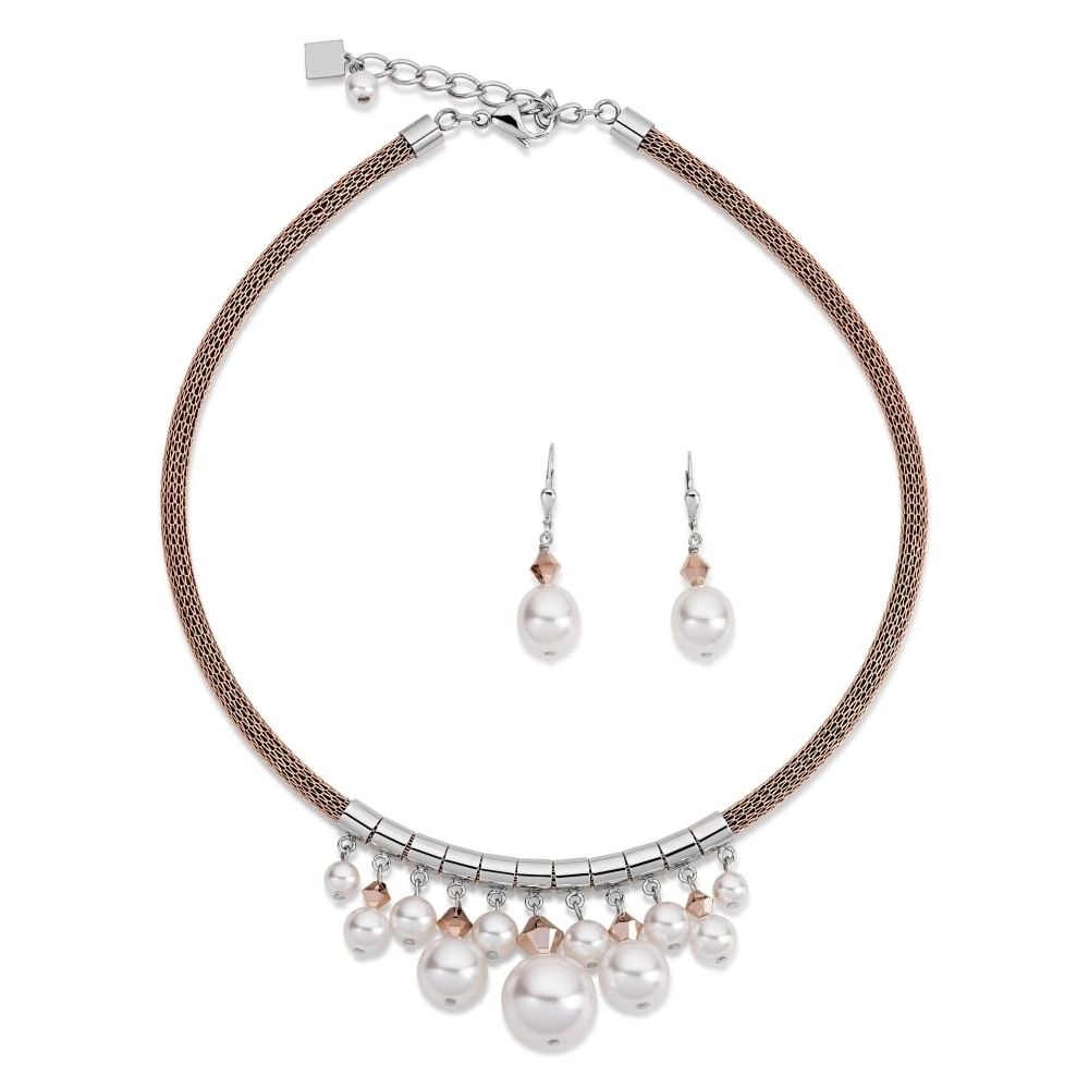 Rose Mesh/Pearl/Crystal Necklace and Earrings Set
