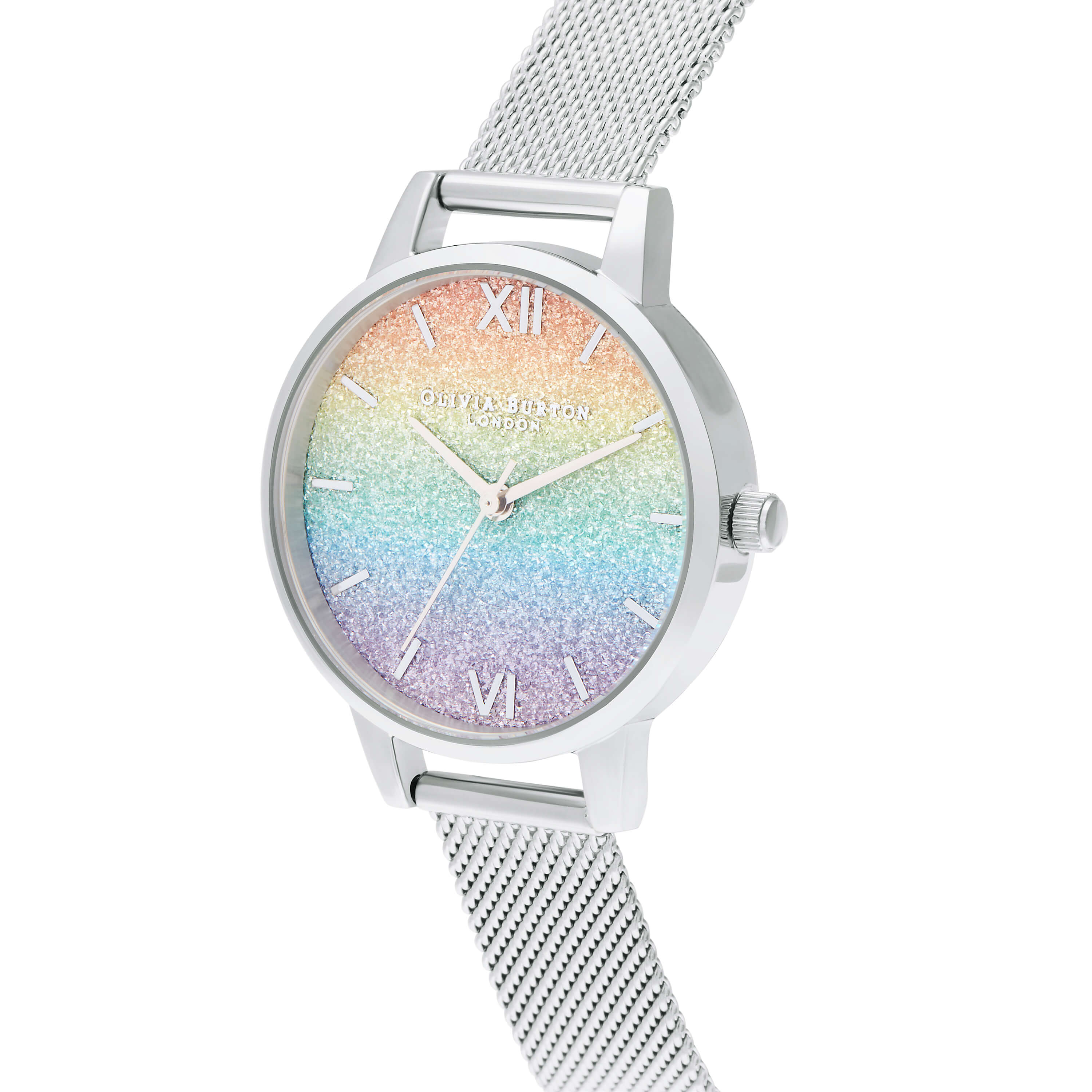 Rainbow Glitter Midi Dial Silver Mesh Ladies Watch