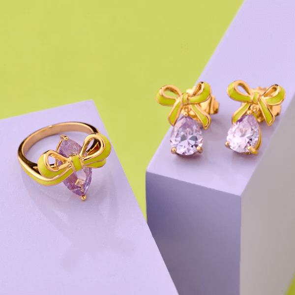 Amelia Bow Ring In Lime Enamel, Lilac CZ & Gold - M