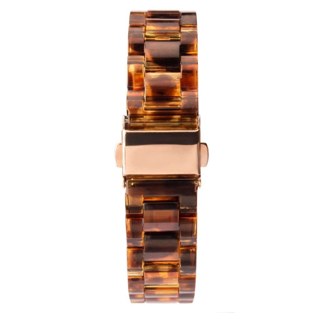 Rose Gold Stone Set White MOP Dial With Tortoiseshell Pattern Bracelet Strap Ladies Watch