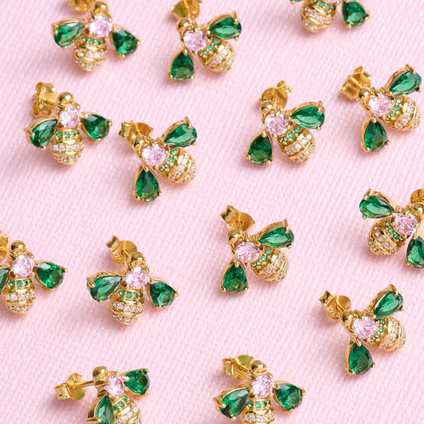 Beatrice Jewelled Bee Stud Earrings In Blush Pink, Emerald Green & Gold