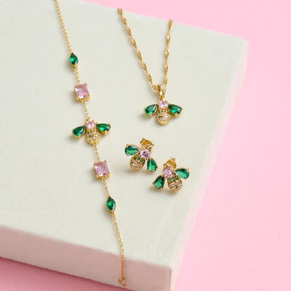 Beatrice Jewelled Bee Stud Earrings In Blush Pink, Emerald Green & Gold