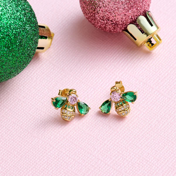 Beatrice Jewelled Bee Stud Earrings In Blush Pink, Emerald Green & Gold
