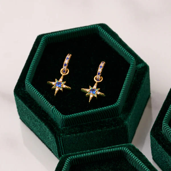 Nova North Star Huggie Hoops In Sapphire, Emerald CZ & Gold