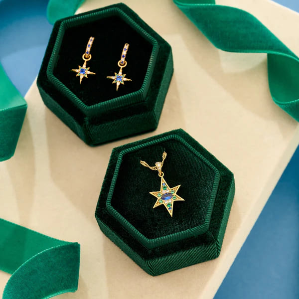 Nova North Star Huggie Hoops In Sapphire, Emerald CZ & Gold