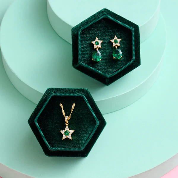 Celeste Mini Teardrop Stud Earrings With Emerald Green, Clear CZ & Gold