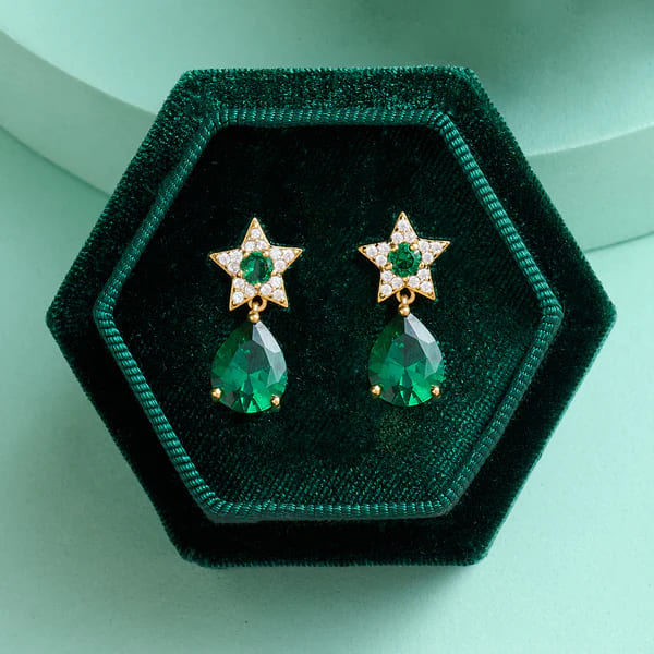 Celeste Mini Teardrop Stud Earrings With Emerald Green, Clear CZ & Gold