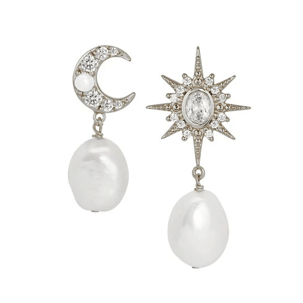 Luna Moon & Star Baroque Pearl Silver Stud Earrings