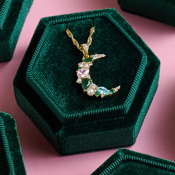 Celeste Cluster Moon Necklace In Emerald Green, Blush Pink, Aqua CZ & Gold