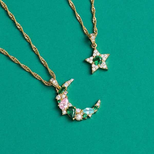 Celeste Cluster Moon Necklace In Emerald Green, Blush Pink, Aqua CZ & Gold