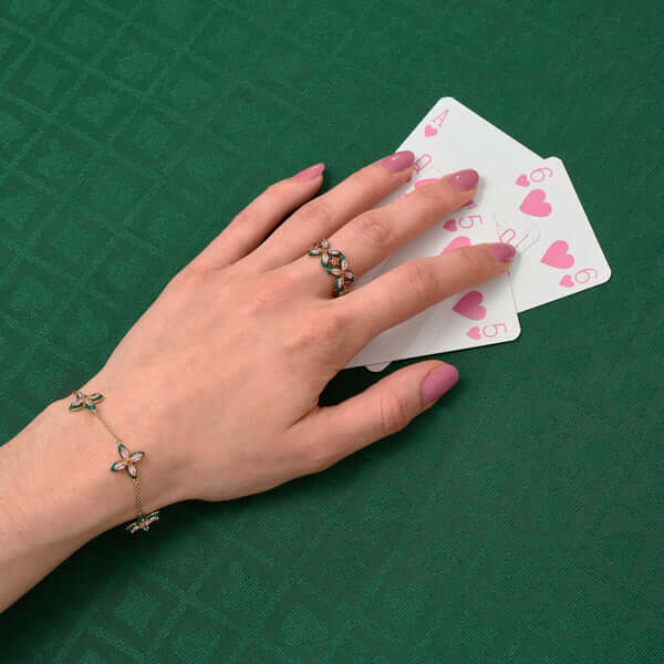 Lucky Clover Bracelet In Emerald Enamel, Blush Pink & Gold