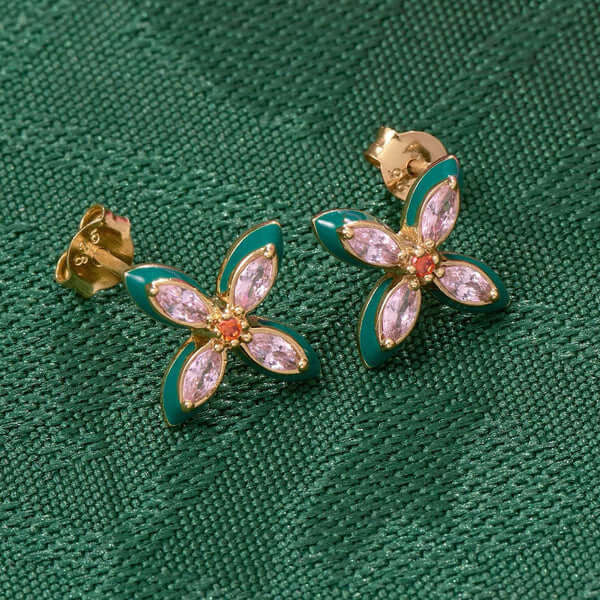 Lucky Clover Stud Earrings In Emerald Green, Blush Pink & Gold