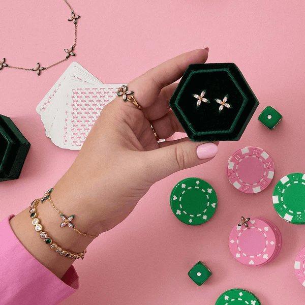 Lucky Clover Stud Earrings In Emerald Green, Blush Pink & Gold