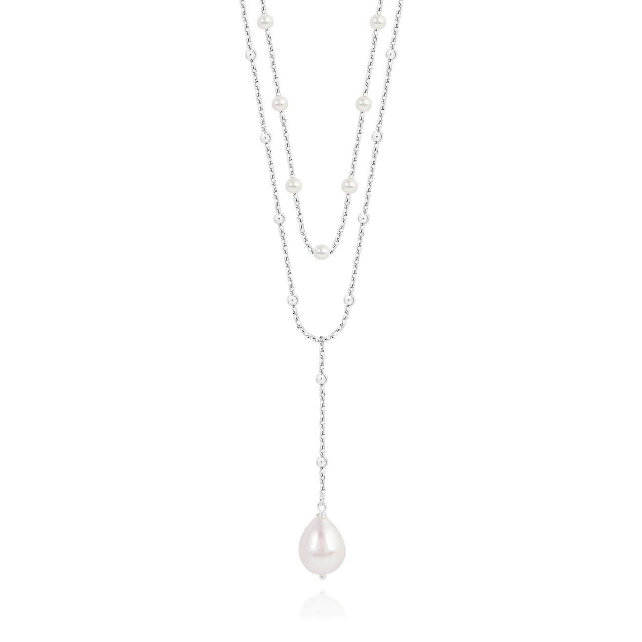 Laila Lariats | Silver Pearl Lariat Necklace | Silver | Necklace | Inner Chain 40cm Outer Chain 45cm + 5cm Extender