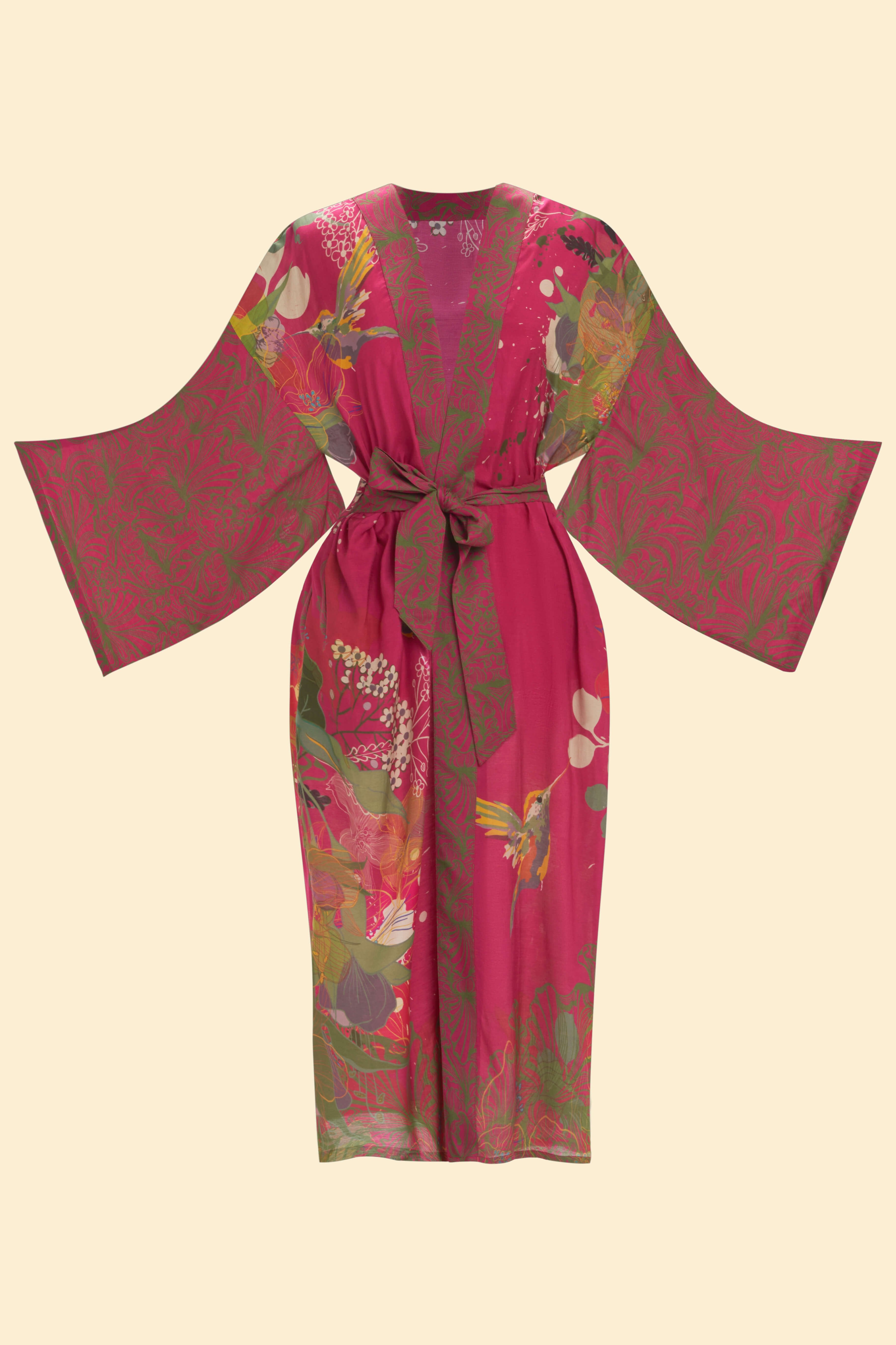 Hummingbird Kimono Gown - Raspberry