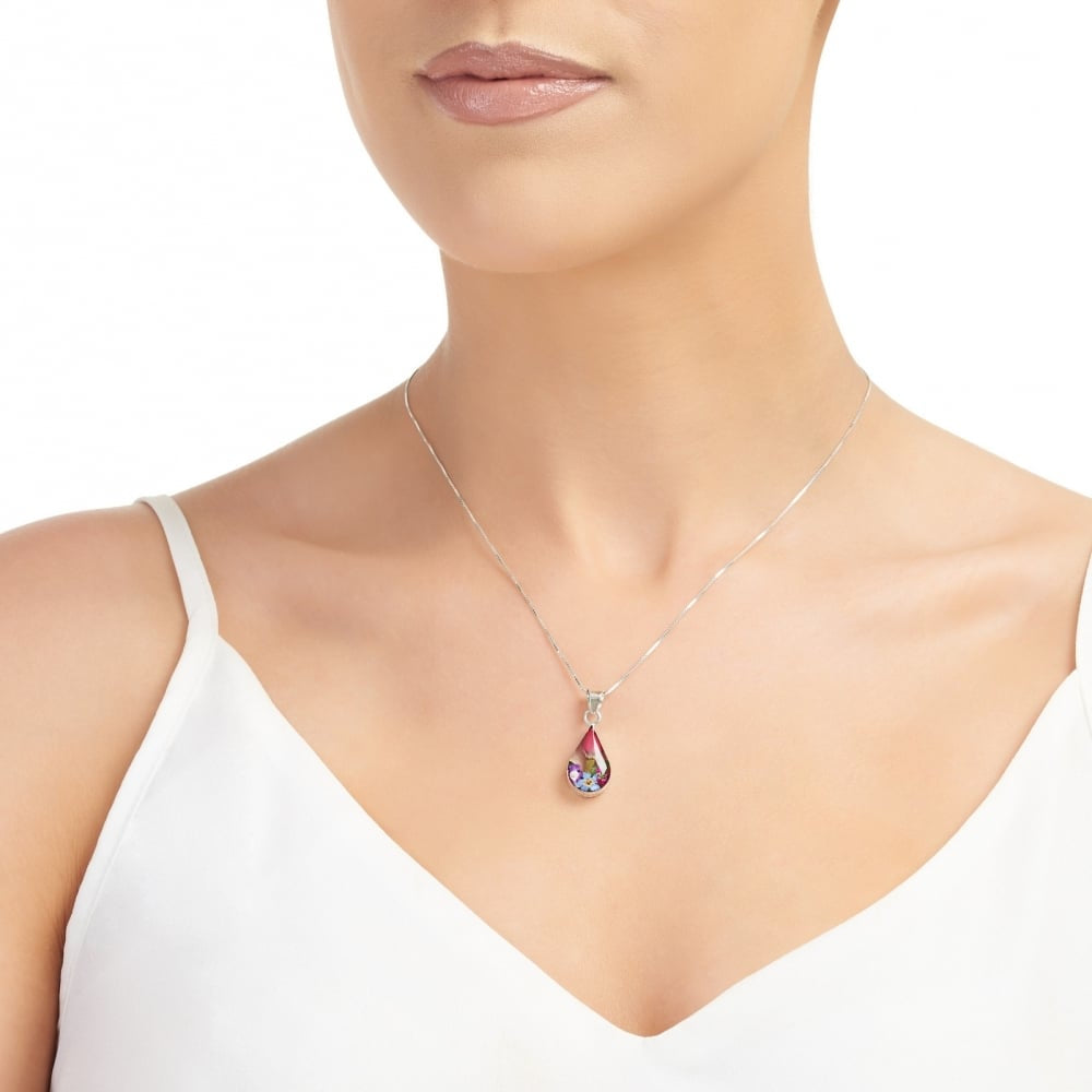 Silver Pendant - Mixed flower - Teardrop
