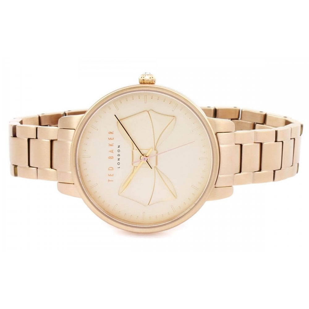 Rose Gold Plated Case With Bow Print Rose Gold Dial & Bracelet Strap Ladies Watch