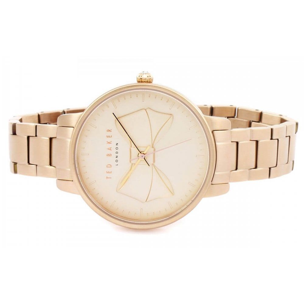 Rose Gold Plated Case With Bow Print Rose Gold Dial & Bracelet Strap Ladies Watch