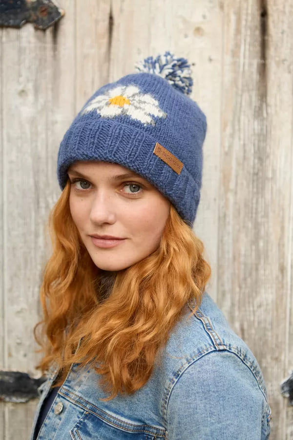Daisy Roll Back Bobble Beanie Denim