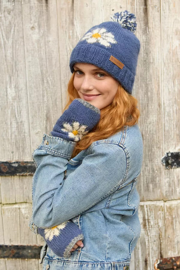 Daisy Roll Back Bobble Beanie Denim