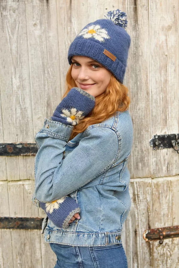 Daisy Roll Back Bobble Beanie Denim