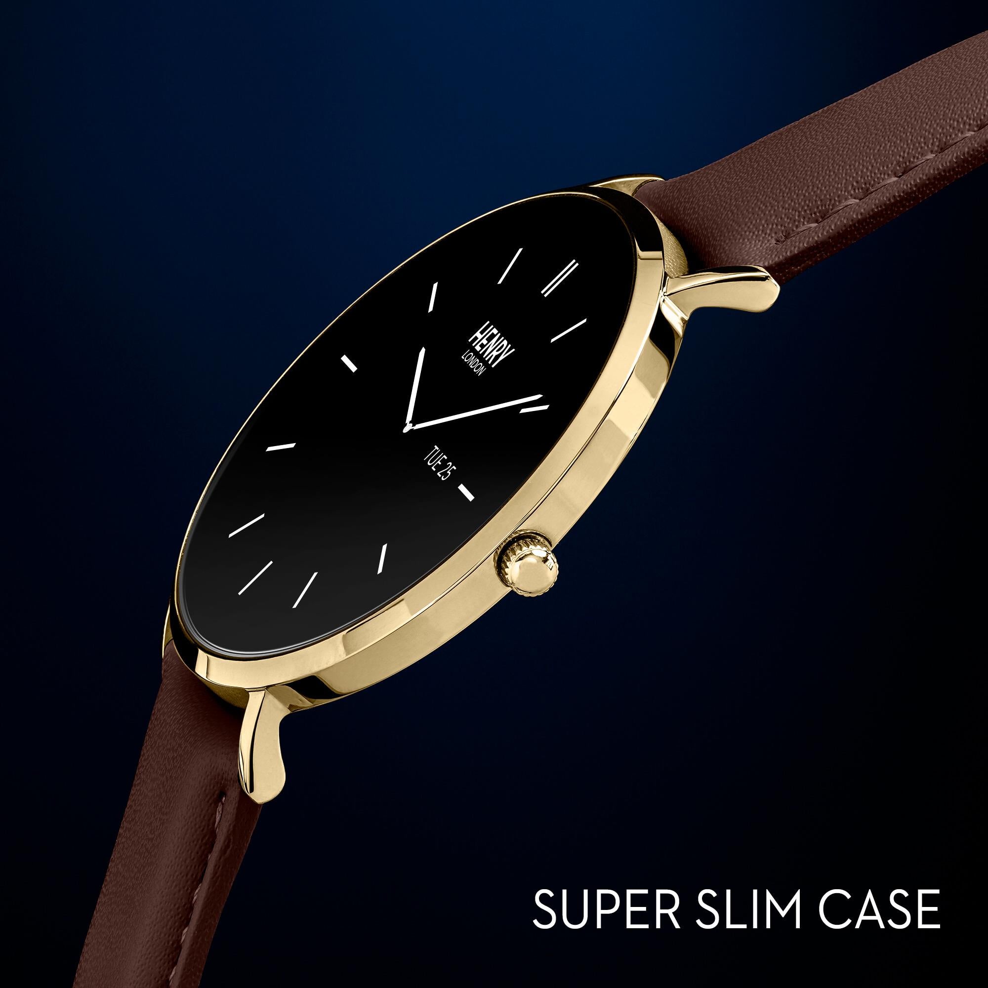 Smart Amoled Gold & Brown Leather Strap Watch