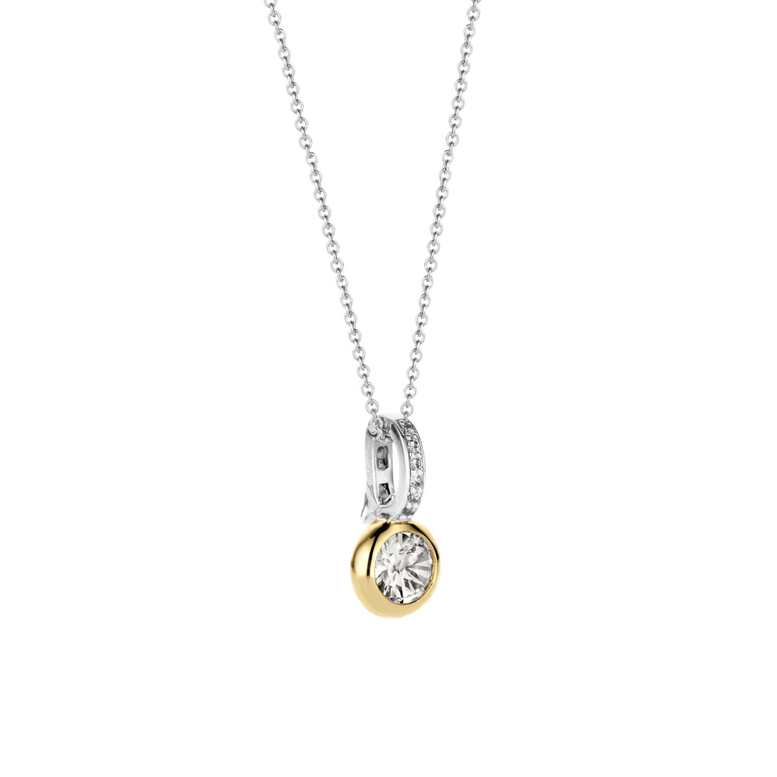 CZ Stone Set Gold Tone Circle With CZ Silver Clip Eye Pendant Necklace