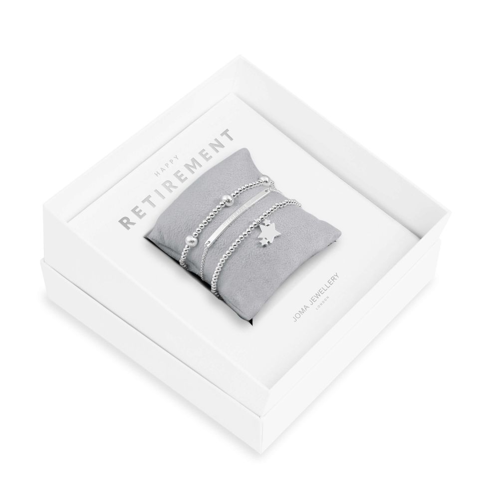 Occasion Gift Box | Happy Retirement | Silver | Bracelets |  X2 Bracelet 17.5cm Stretch X1 Bracelet 19cm Adjustable