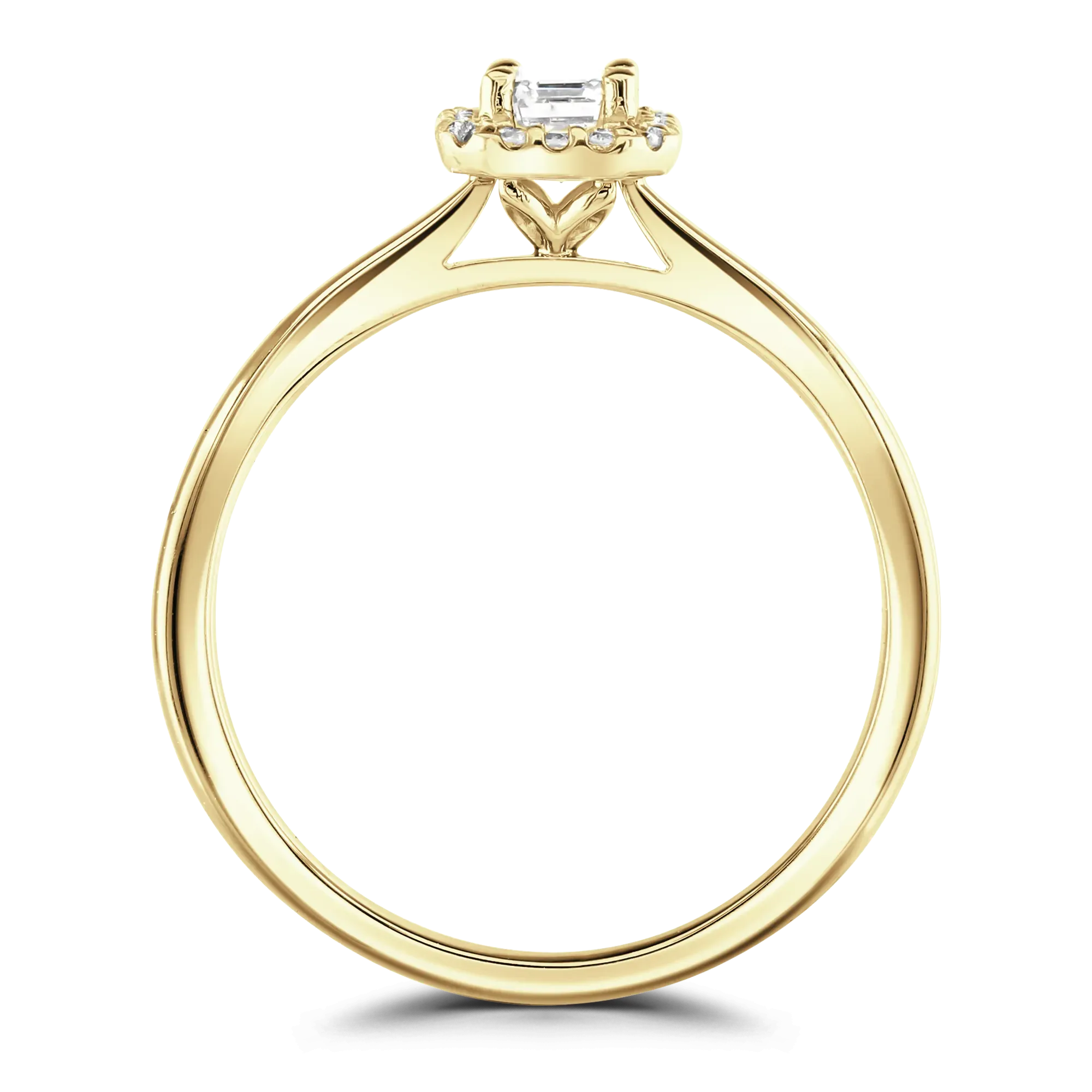 18ct Yellow Gold Classic Bloom Plain Shoulder Emerald Cut Halo Ring