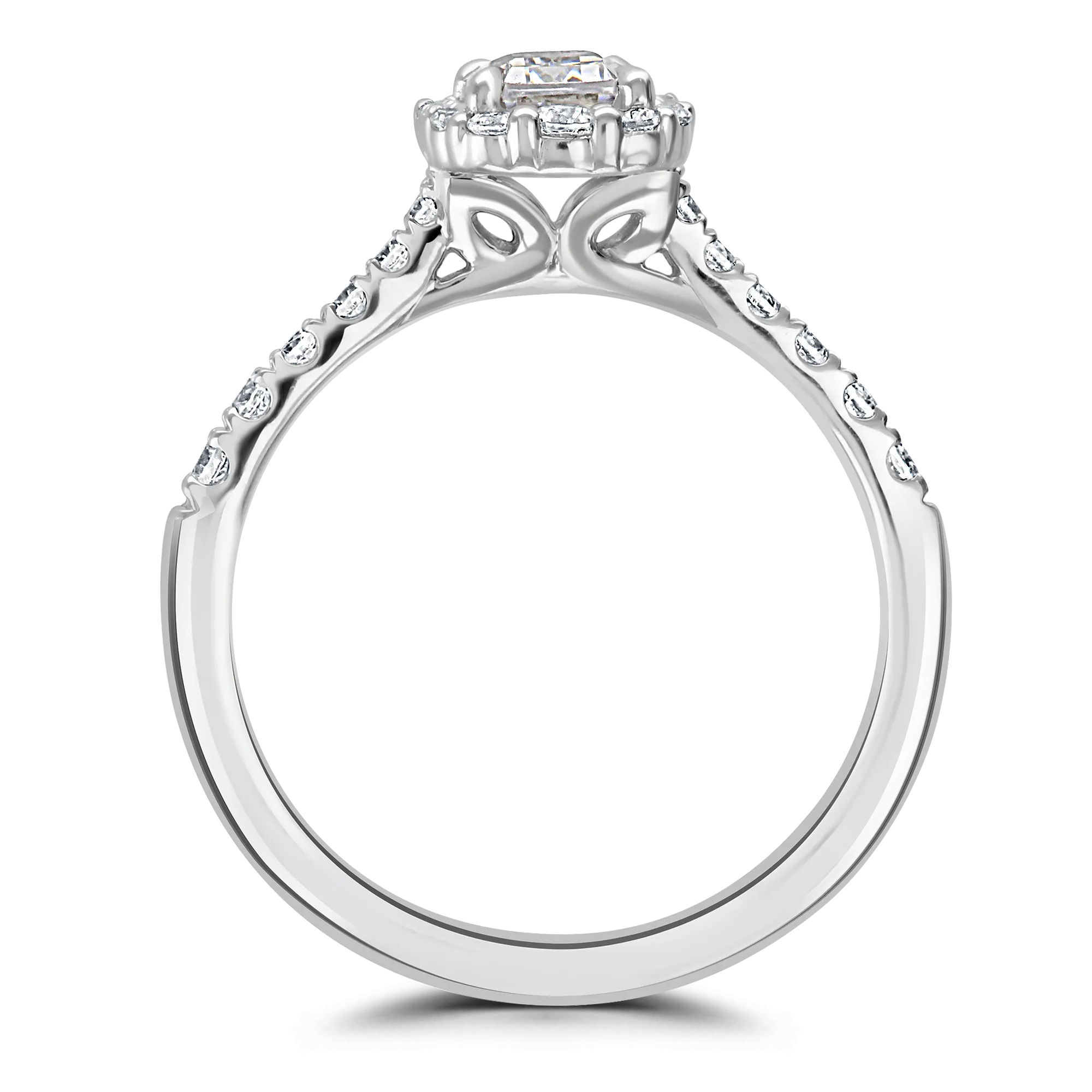 Emerald Cut Graduated Halo With Diamond Set Shoulders Platinum Ring