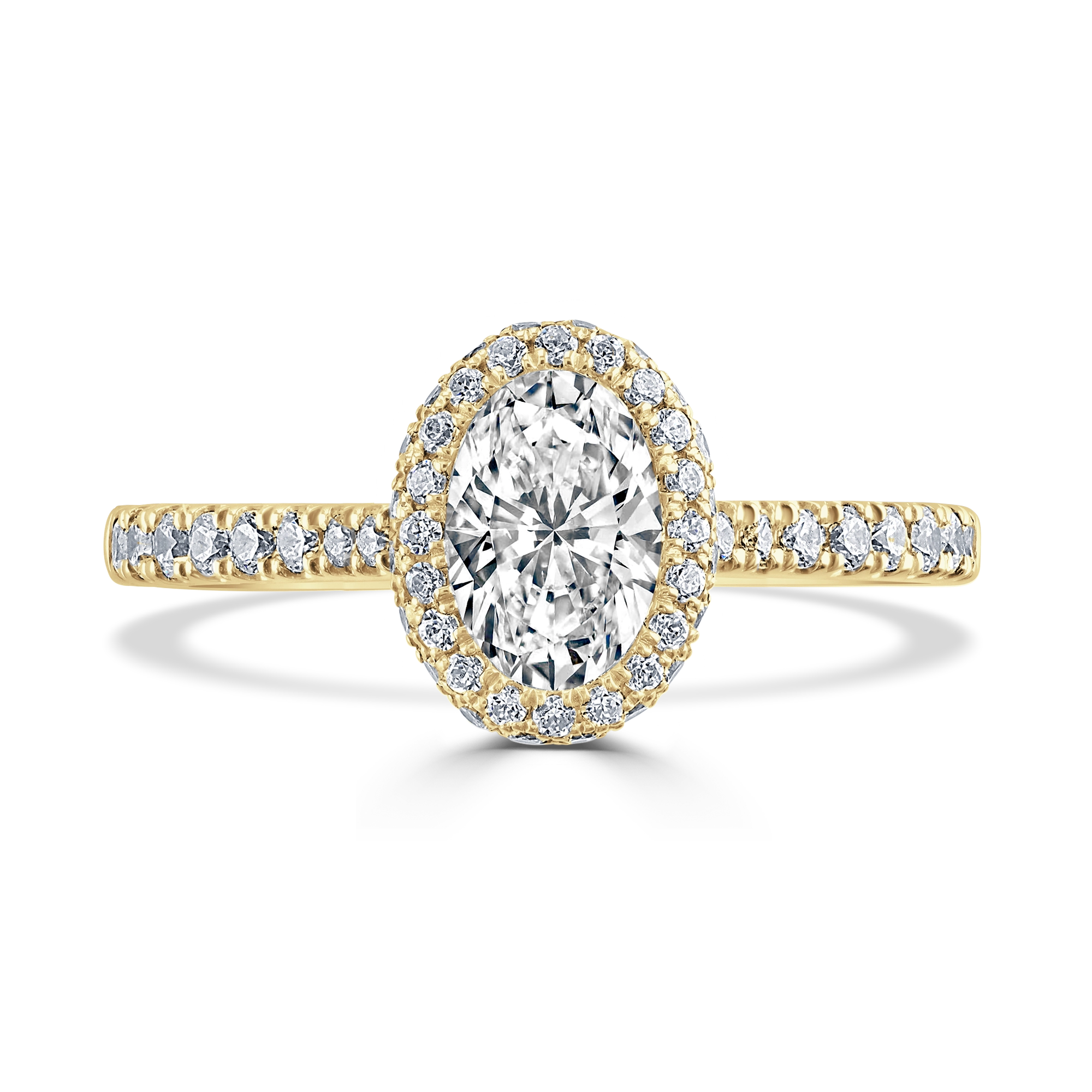 18ct Yellow Gold Waterfall Oval Cut Halo Ring With Round Cut Shoulders