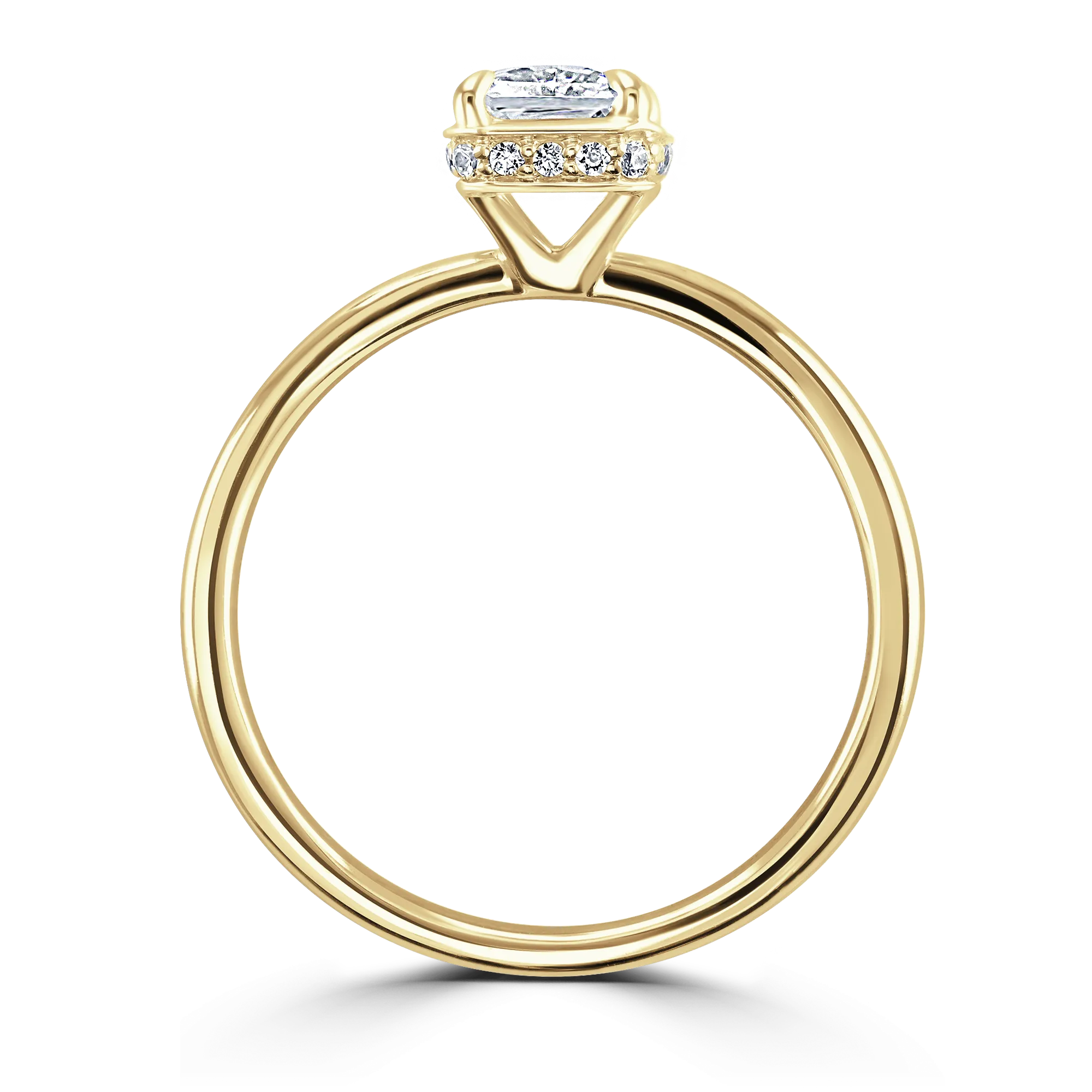 18ct Yellow Gold Ring With LG Diamond Solitaire Radiant Cut & Pave Set Under Bezel Setting
