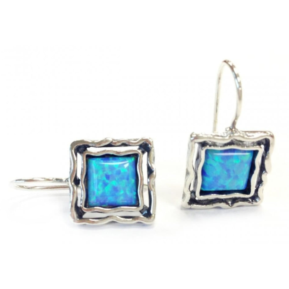 Ladies Square Silver Earrings With Opal Stones