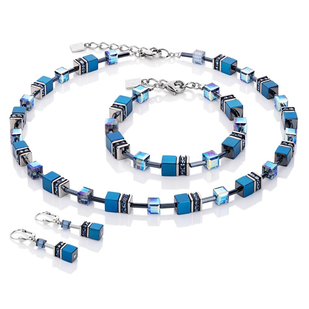 Ladies Geo Cube Light Blue Earrings, Necklace and Bracelet Set
