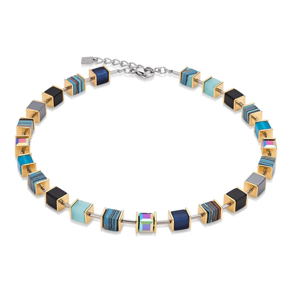 Blue Stripe/Blue/Gold Geo Cube Bracelet, Necklace and Earrings Set