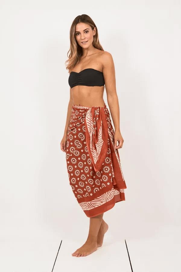 Hand Printed Cotton Sarong Coggs Rust