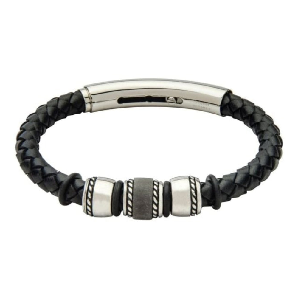 Grey Leather Gents Bracelet With Stainless Steel Moving Silver & Black Beads & Magnetic Clasp