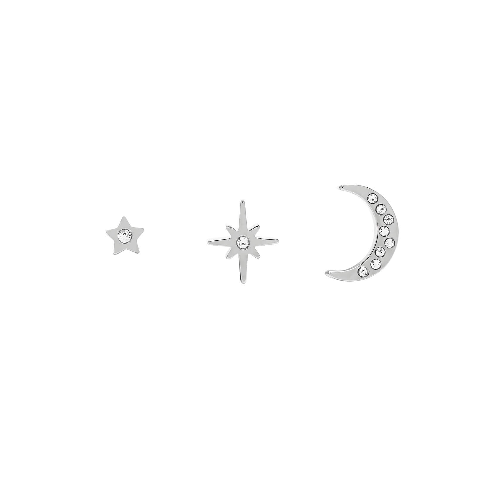 Celestial North Star & Moon Silver Stud Earrings Set