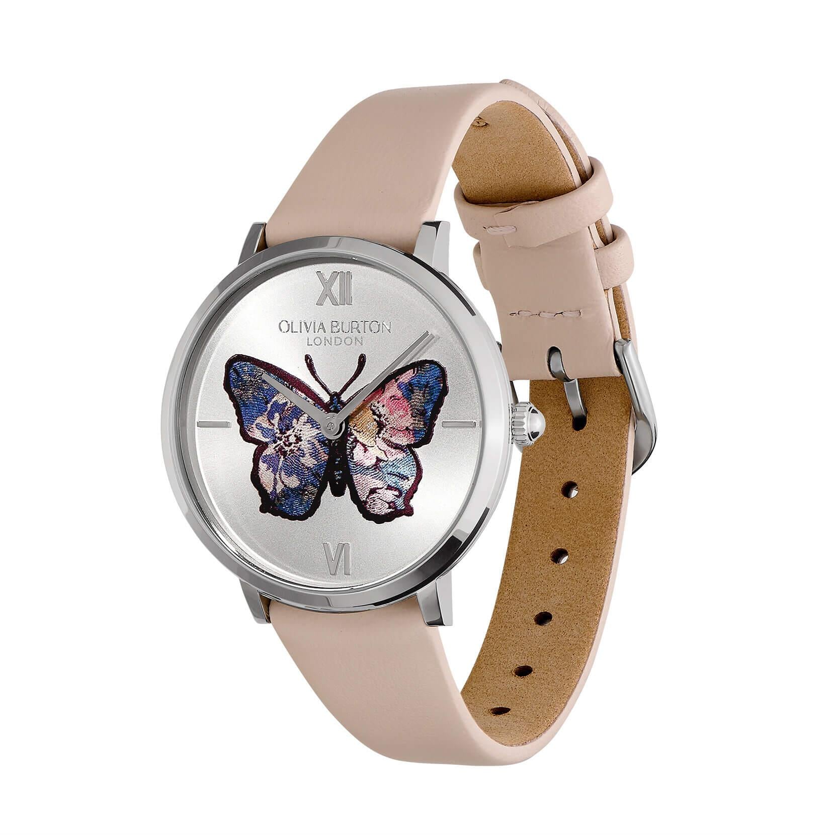 Butterfly Ultra Slim Silver Dial & Nude Leather Strap Watch