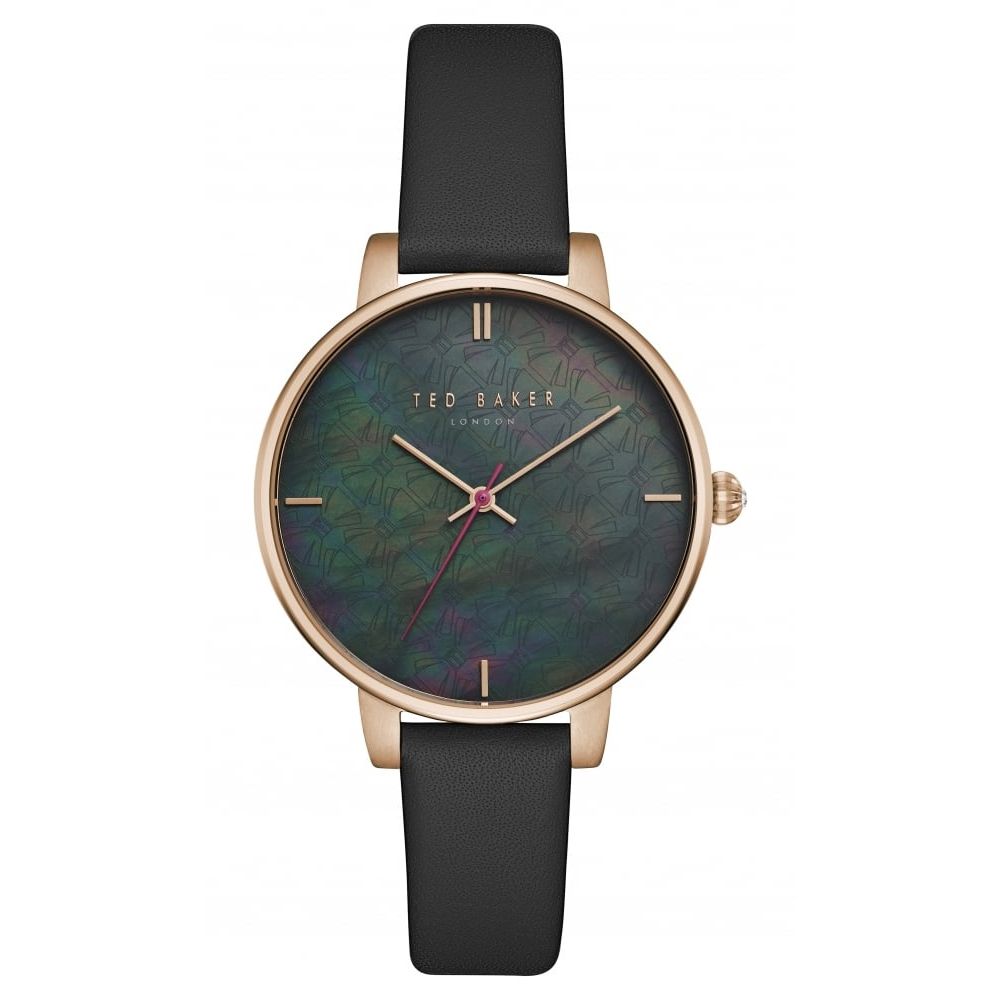 Ladies Rose Gold Tone Black MOP Dial With Black Leather Strap Watch