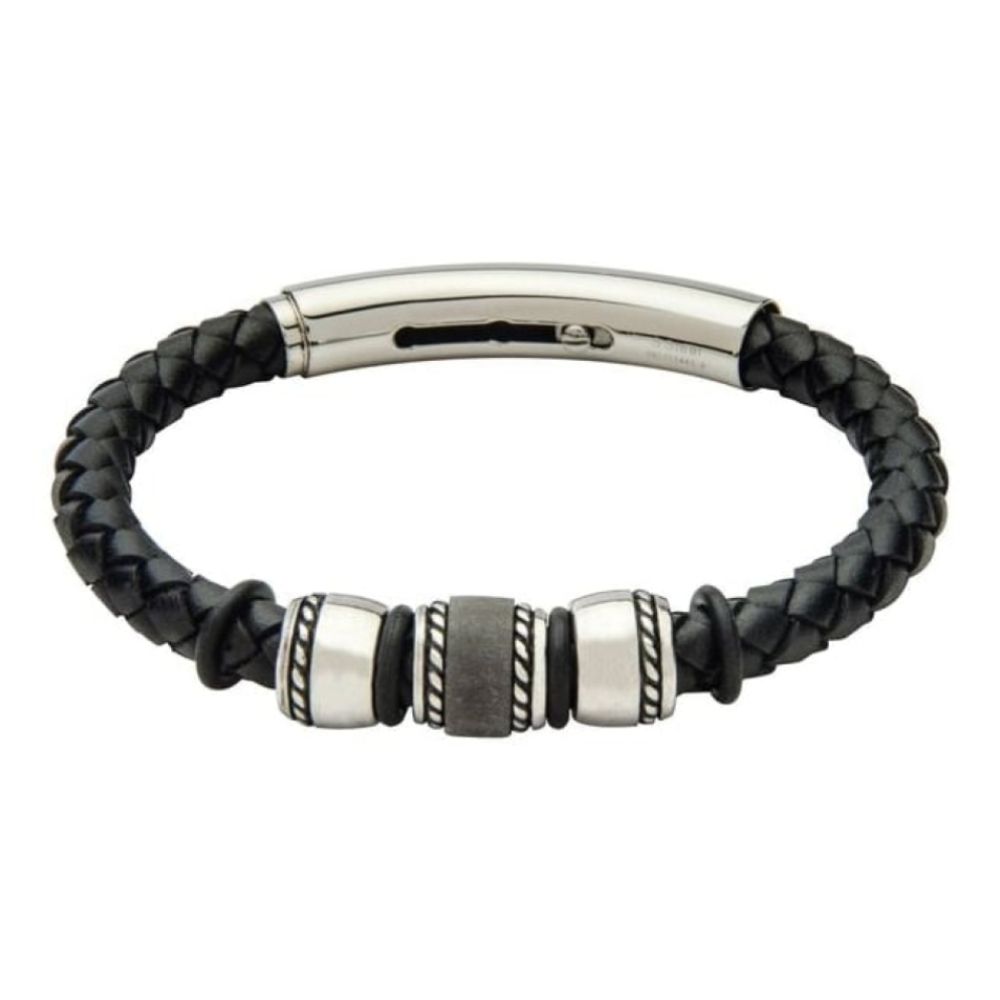 Grey Leather Gents Bracelet With Stainless Steel Moving Silver & Black Beads & Magnetic Clasp