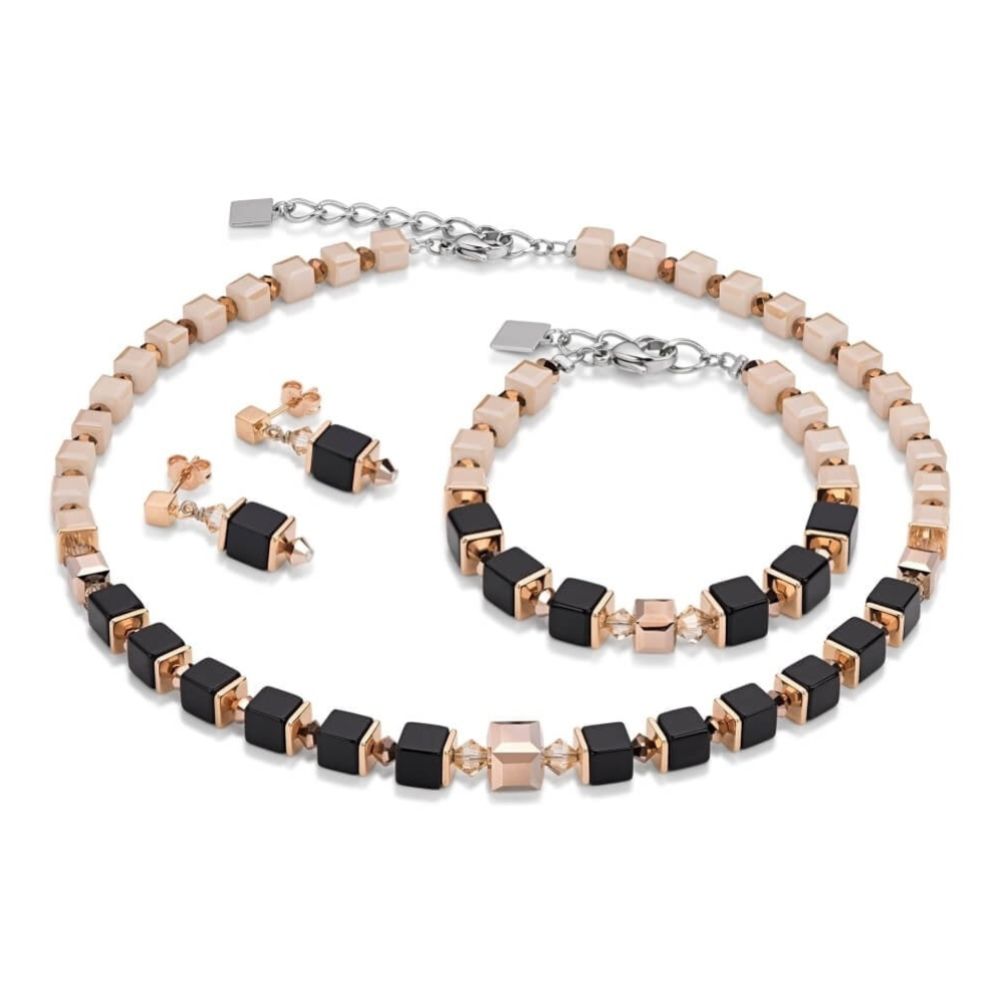 Gold & Black Geo Cube Bracelet, Necklace and Earrings Set