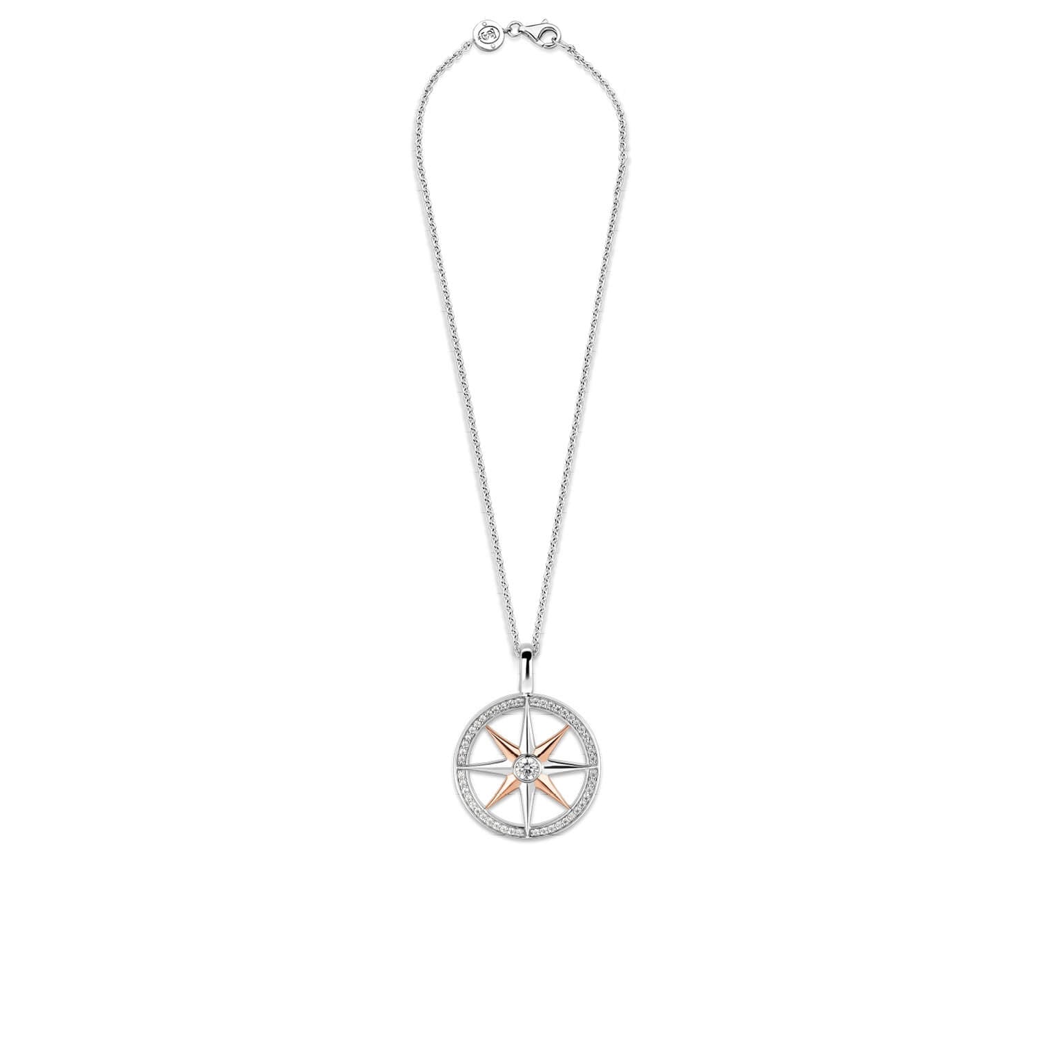 Two Tone Wind Rose CZ Pendant Necklace