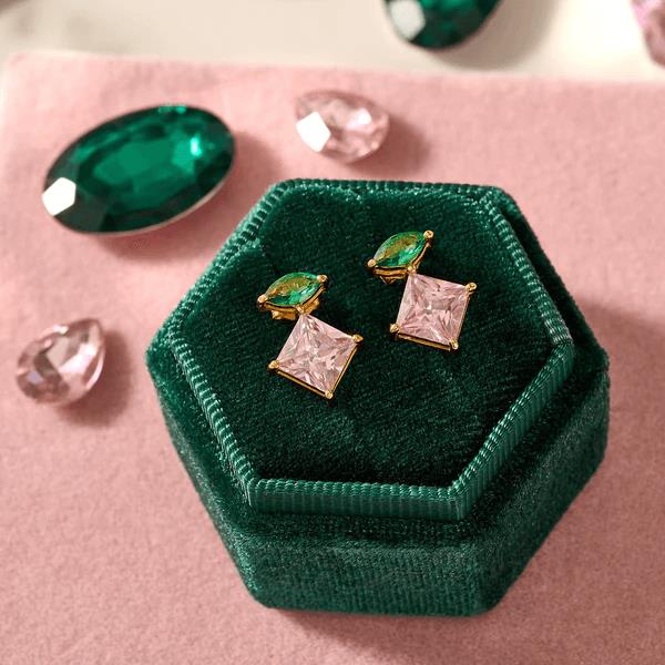 Esme Statement Studs In Emerald, Rose Pink CZ & Gold