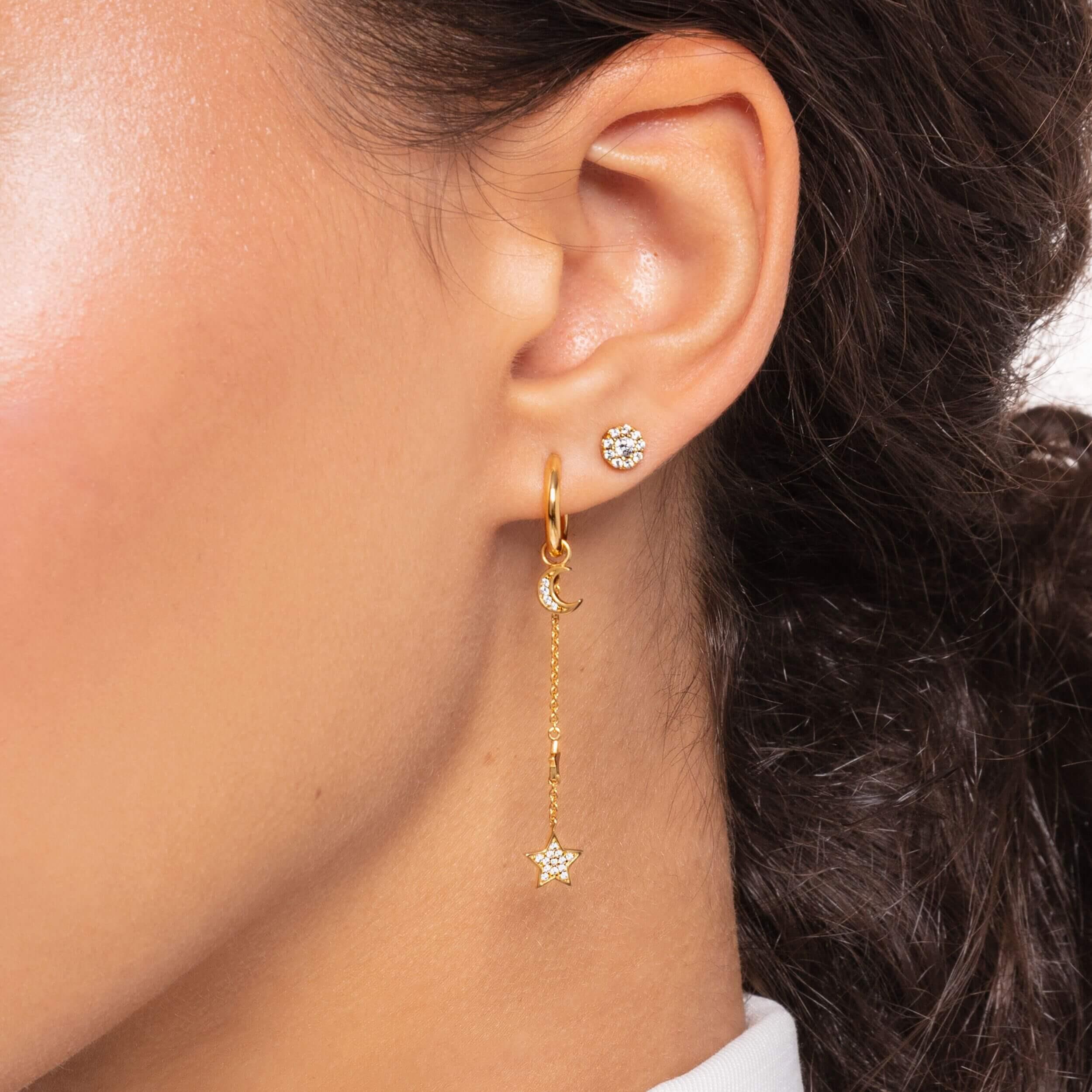Gold Plated Single Hoop Earring With Moon Pendant