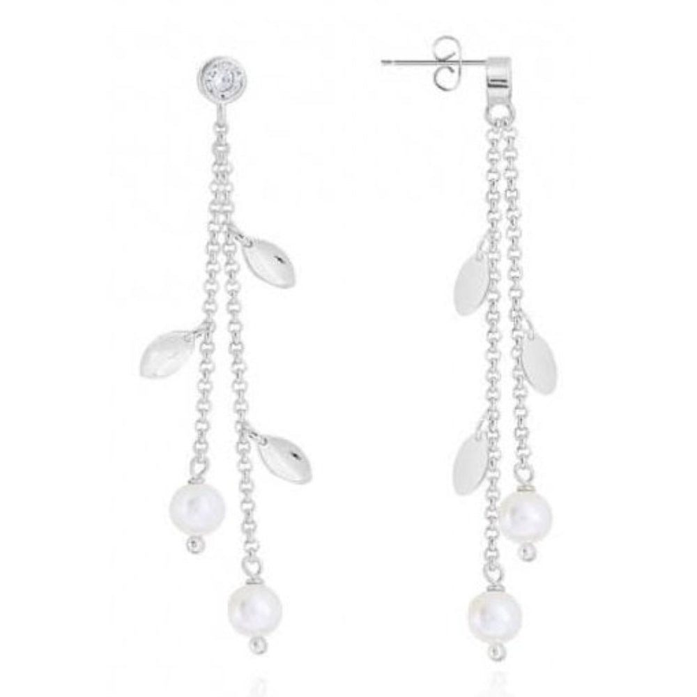 Happy Ever After Bridal Jewellery Pearl CZ Leaf Lariat Earrings