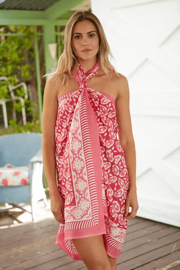 Hand Printed Cotton Sarong Flower Pink
